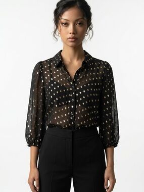 NANETTE LEPORE | NEW Black Sheer Blouse with Gold Metallic Dots Women’s Size S